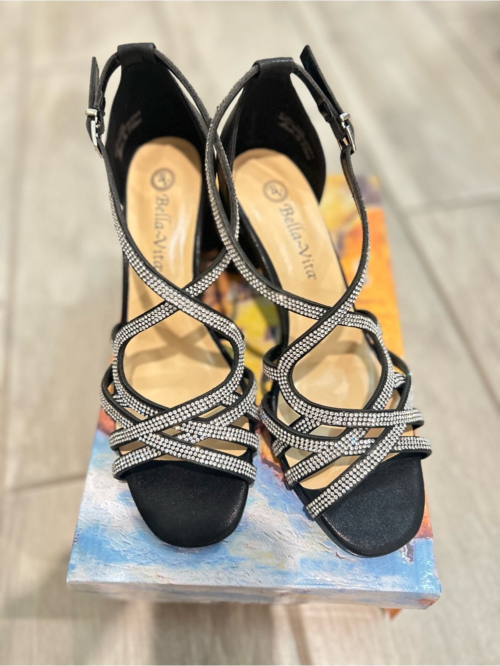 Bella Vita Black Strappy Heels with Crystal Accents Size 7.5